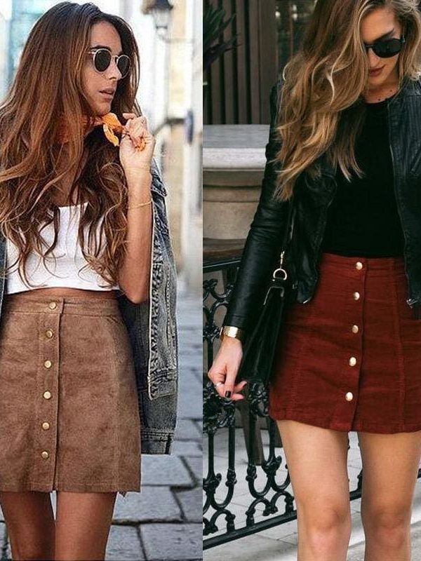 The Best Hot Fashion Elegant Women Ladies Summer Skirts High Waist Single Breasted Button Solid Slim A-Line Suede Leather Mini Skirts Online - Takalr