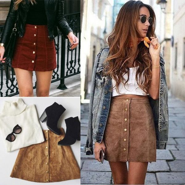 The Best Hot Fashion Elegant Women Ladies Summer Skirts High Waist Single Breasted Button Solid Slim A-Line Suede Leather Mini Skirts Online - Takalr