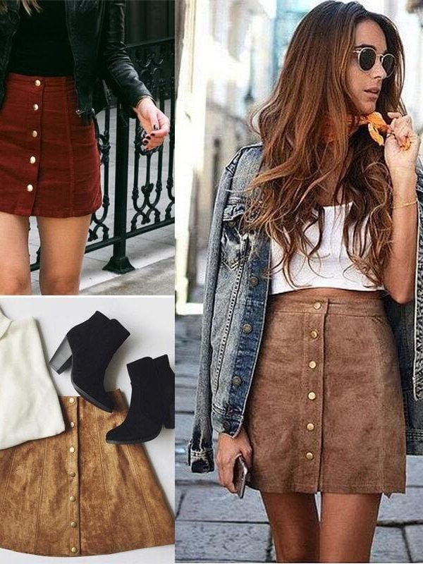 The Best Hot Fashion Elegant Women Ladies Summer Skirts High Waist Single Breasted Button Solid Slim A-Line Suede Leather Mini Skirts Online - Takalr