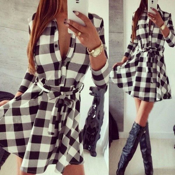 The Best Hot Fashion Women Ladies Long Sleeve Loose Dress High Waist Dress V-Neck Plaid Summer Casual Mini Dress Sundress Online - Takalr