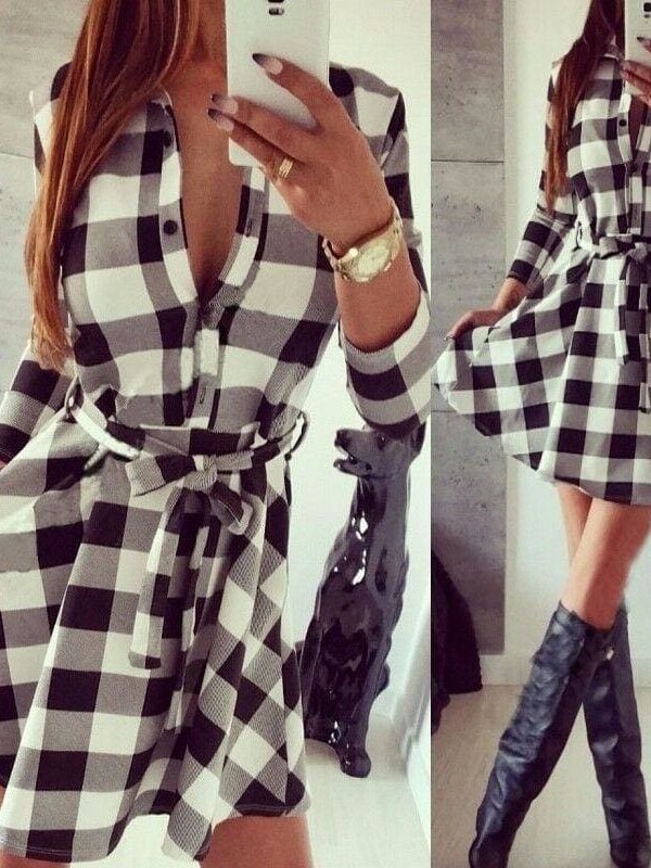 The Best Hot Fashion Women Ladies Long Sleeve Loose Dress High Waist Dress V-Neck Plaid Summer Casual Mini Dress Sundress Online - Takalr