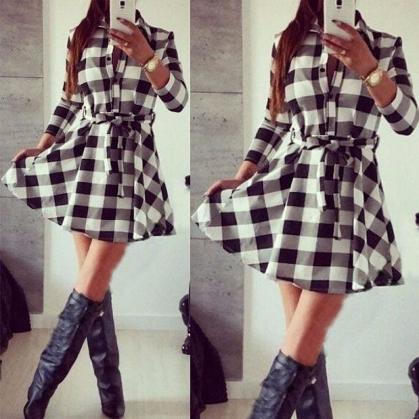 The Best Hot Fashion Women Ladies Long Sleeve Loose Dress High Waist Dress V-Neck Plaid Summer Casual Mini Dress Sundress Online - Takalr