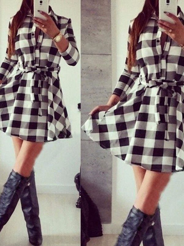 The Best Hot Fashion Women Ladies Long Sleeve Loose Dress High Waist Dress V-Neck Plaid Summer Casual Mini Dress Sundress Online - Takalr