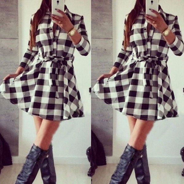 The Best Hot Fashion Women Ladies Long Sleeve Loose Dress High Waist Dress V-Neck Plaid Summer Casual Mini Dress Sundress Online - Takalr