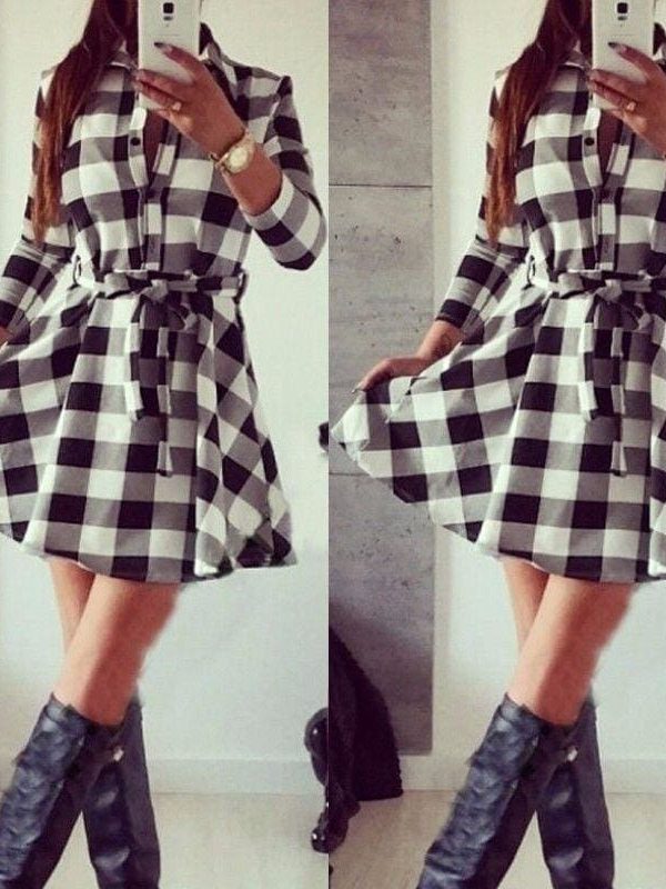 The Best Hot Fashion Women Ladies Long Sleeve Loose Dress High Waist Dress V-Neck Plaid Summer Casual Mini Dress Sundress Online - Takalr