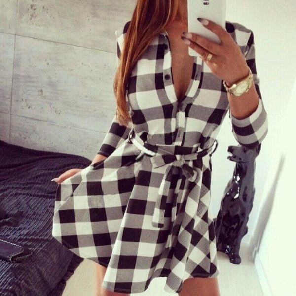 The Best Hot Fashion Women Ladies Long Sleeve Loose Dress High Waist Dress V-Neck Plaid Summer Casual Mini Dress Sundress Online - Takalr