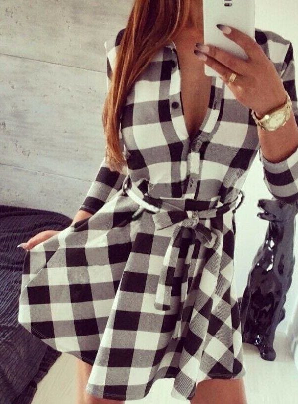 The Best Hot Fashion Women Ladies Long Sleeve Loose Dress High Waist Dress V-Neck Plaid Summer Casual Mini Dress Sundress Online - Takalr