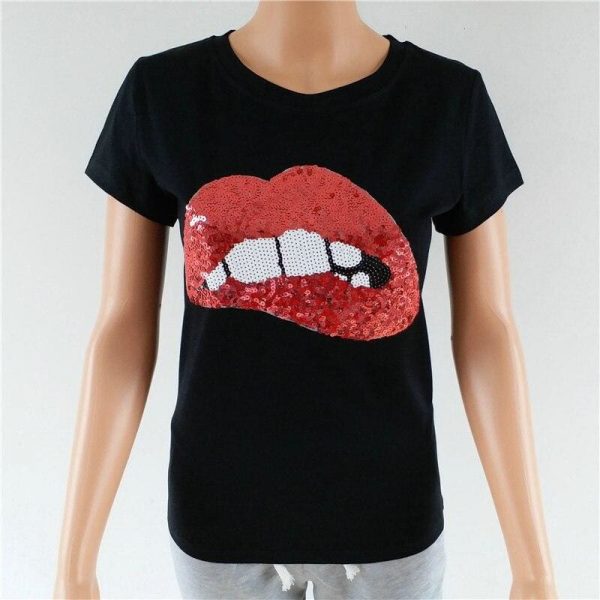 The Best Hot Summer Fashion Red Lips Print Slim T-Shirts Women Girl Casual Short Sleeve T-Shirt Women Clothing Online - Takalr