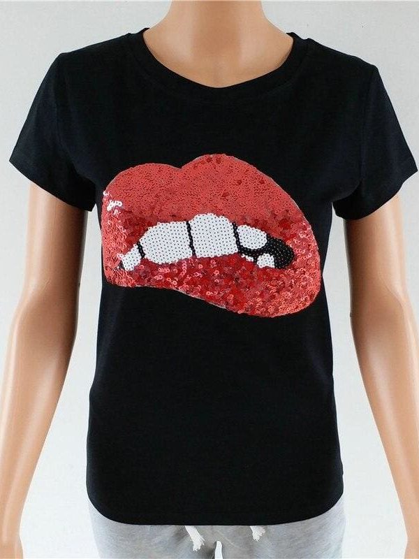 The Best Hot Summer Fashion Red Lips Print Slim T-Shirts Women Girl Casual Short Sleeve T-Shirt Women Clothing Online - Takalr