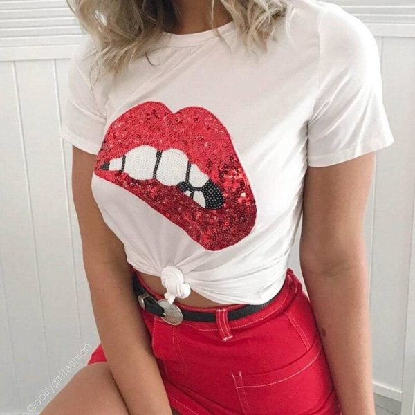 The Best Hot Summer Fashion Red Lips Print Slim T-Shirts Women Girl Casual Short Sleeve T-Shirt Women Clothing Online - Takalr