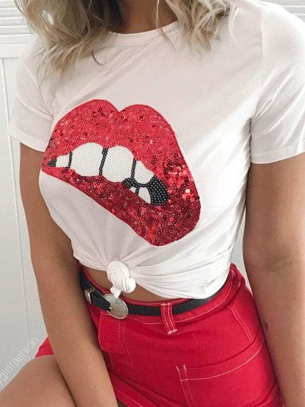 The Best Hot Summer Fashion Red Lips Print Slim T-Shirts Women Girl Casual Short Sleeve T-Shirt Women Clothing Online - Takalr