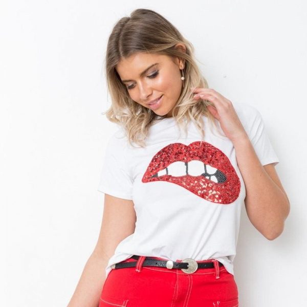 The Best Hot Summer Fashion Red Lips Print Slim T-Shirts Women Girl Casual Short Sleeve T-Shirt Women Clothing Online - Takalr