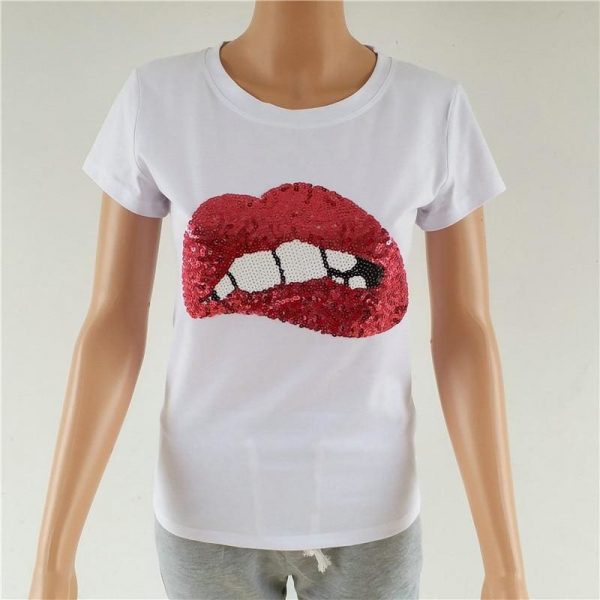 The Best Hot Summer Fashion Red Lips Print Slim T-Shirts Women Girl Casual Short Sleeve T-Shirt Women Clothing Online - Takalr