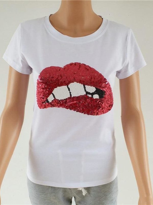 The Best Hot Summer Fashion Red Lips Print Slim T-Shirts Women Girl Casual Short Sleeve T-Shirt Women Clothing Online - Takalr