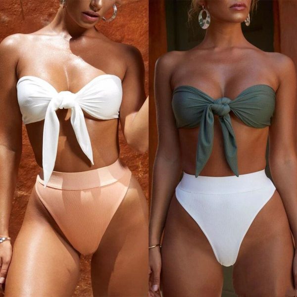 The Best Hot Summer Sexy Solid Bikini Set Padded Bra Lace Up Bow Bandeau Bikini High Waist Triangle Swimsuit Beach Bathing Suits Online - Takalr