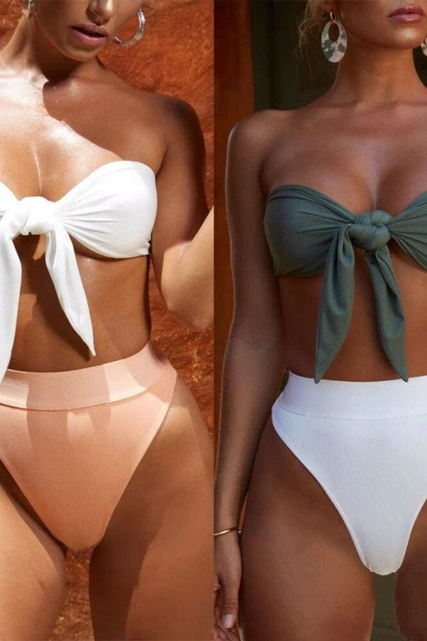 The Best Hot Summer Sexy Solid Bikini Set Padded Bra Lace Up Bow Bandeau Bikini High Waist Triangle Swimsuit Beach Bathing Suits Online - Takalr