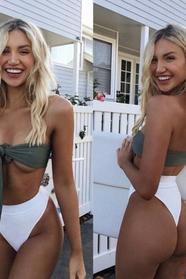 The Best Hot Summer Sexy Solid Bikini Set Padded Bra Lace Up Bow Bandeau Bikini High Waist Triangle Swimsuit Beach Bathing Suits Online - Takalr