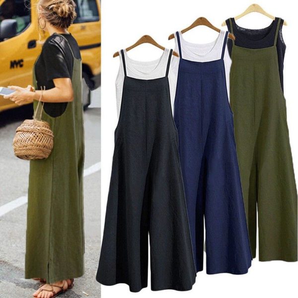 The Best Hot Summer Women Strappy Solid Comfy Wide Leg Jumpsuits Women Casual Loose Dungarees Bib Overalls Cotton Linen Rompers Plus Size Online - Takalr