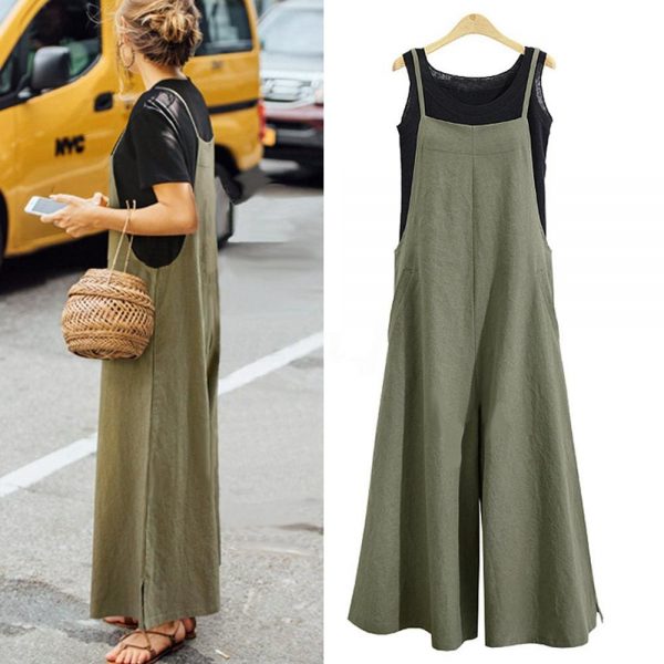 The Best Hot Summer Women Strappy Solid Comfy Wide Leg Jumpsuits Women Casual Loose Dungarees Bib Overalls Cotton Linen Rompers Plus Size Online - Takalr