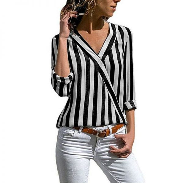 The Best Hot Women Collar Striped Blouse Shirt Long Sleeve Blouse Fashion V-neck Shirts Casual Tops Blouse Online - Takalr