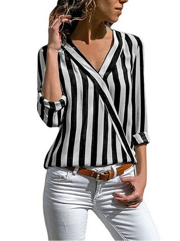 The Best Hot Women Collar Striped Blouse Shirt Long Sleeve Blouse Fashion V-neck Shirts Casual Tops Blouse Online - Takalr