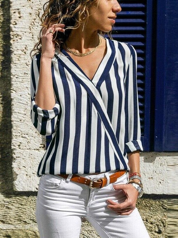 The Best Hot Women Collar Striped Blouse Shirt Long Sleeve Blouse Fashion V-neck Shirts Casual Tops Blouse Online - Takalr