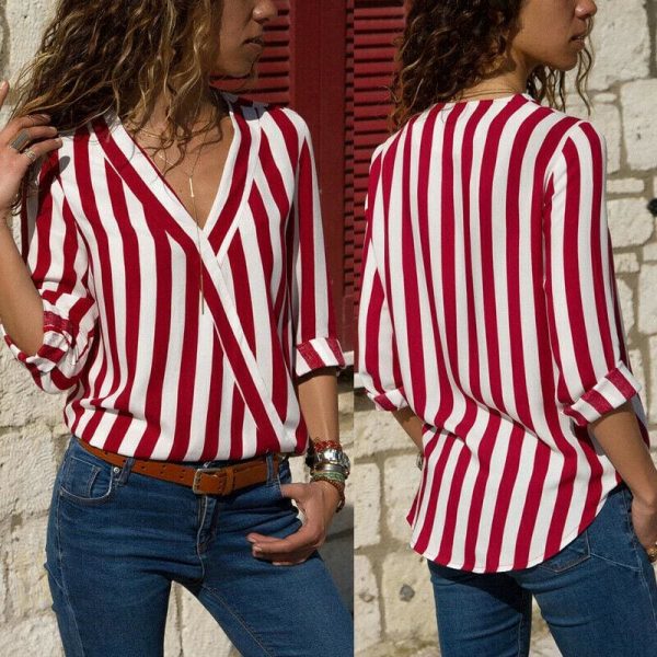 The Best Hot Women Collar Striped Blouse Shirt Long Sleeve Blouse Fashion V-neck Shirts Casual Tops Blouse Online - Takalr