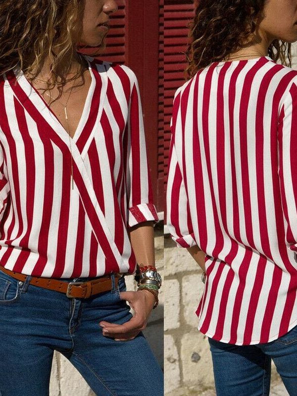 The Best Hot Women Collar Striped Blouse Shirt Long Sleeve Blouse Fashion V-neck Shirts Casual Tops Blouse Online - Takalr