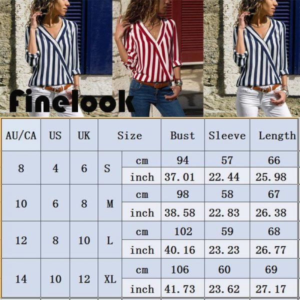 The Best Hot Women Collar Striped Blouse Shirt Long Sleeve Blouse Fashion V-neck Shirts Casual Tops Blouse Online - Takalr