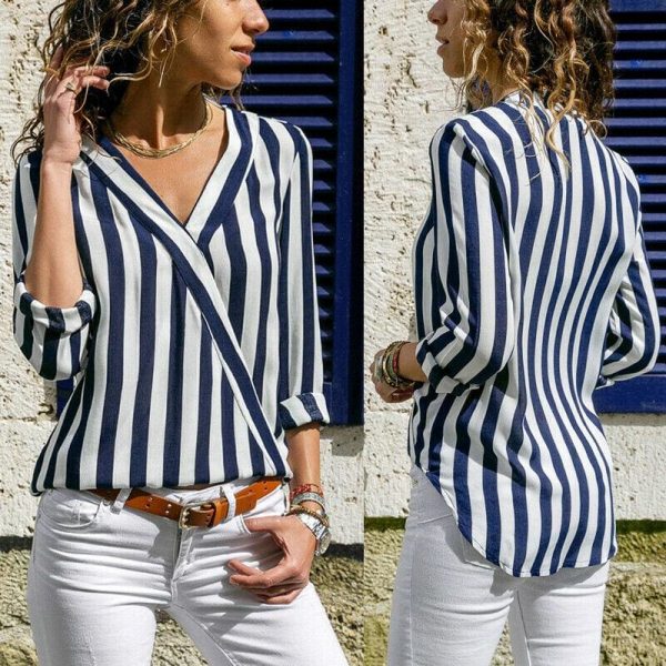 The Best Hot Women Collar Striped Blouse Shirt Long Sleeve Blouse Fashion V-neck Shirts Casual Tops Blouse Online - Takalr