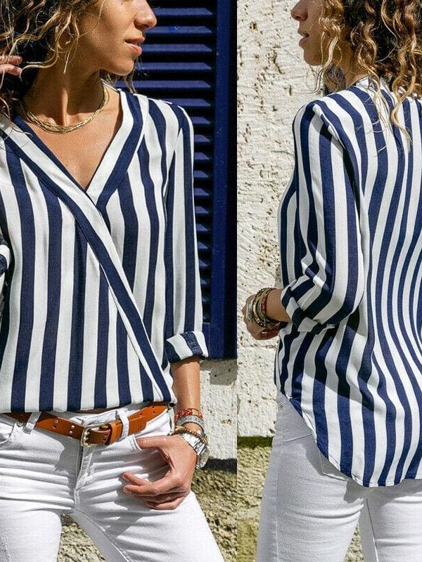 The Best Hot Women Collar Striped Blouse Shirt Long Sleeve Blouse Fashion V-neck Shirts Casual Tops Blouse Online - Takalr