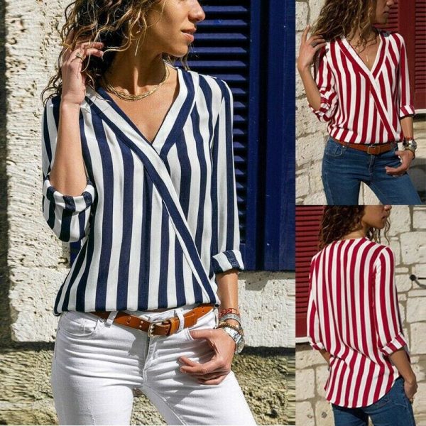 The Best Hot Women Collar Striped Blouse Shirt Long Sleeve Blouse Fashion V-neck Shirts Casual Tops Blouse Online - Takalr