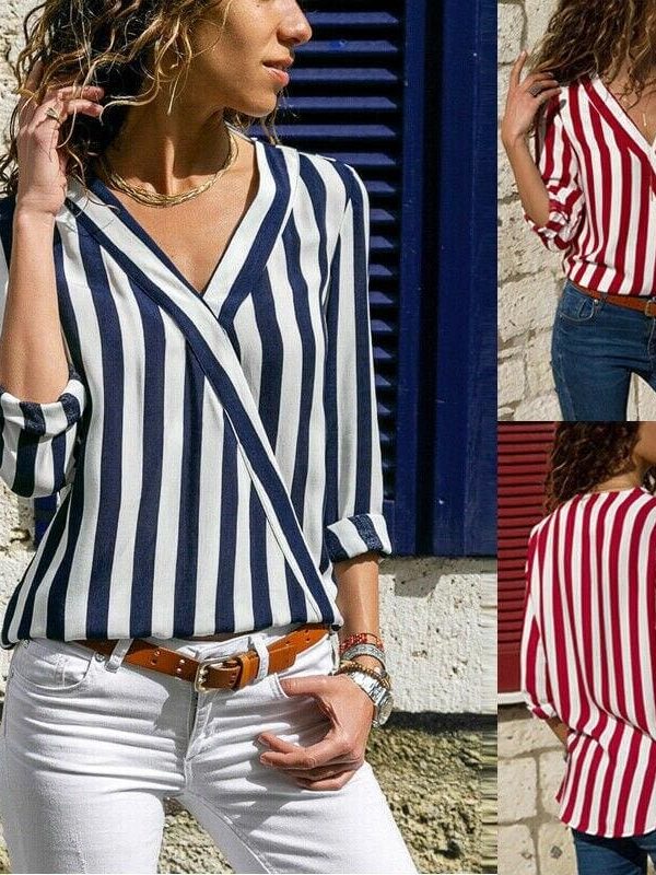 The Best Hot Women Collar Striped Blouse Shirt Long Sleeve Blouse Fashion V-neck Shirts Casual Tops Blouse Online - Takalr