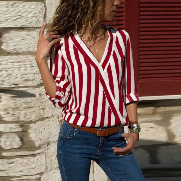 The Best Hot Women Collar Striped Blouse Shirt Long Sleeve Blouse Fashion V-neck Shirts Casual Tops Blouse Online - Takalr