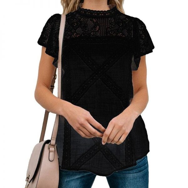 The Best HOT Women Lace Patchwork Office Top Shirt 2019 Fashion Ladies High Neck Casual Loose Summer T-Shirt Streetwear Online - Source Silk