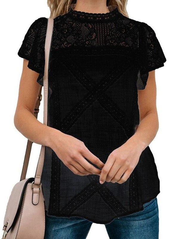 The Best HOT Women Lace Patchwork Office Top Shirt 2019 Fashion Ladies High Neck Casual Loose Summer T-Shirt Streetwear Online - Source Silk