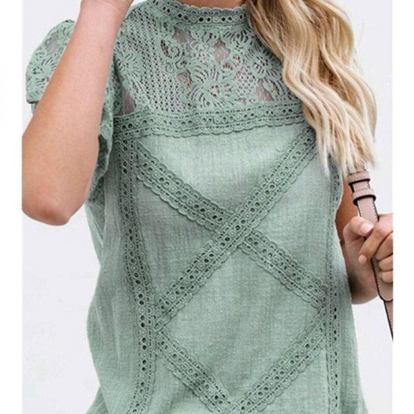 The Best HOT Women Lace Patchwork Office Top Shirt 2019 Fashion Ladies High Neck Casual Loose Summer T-Shirt Streetwear Online - Source Silk