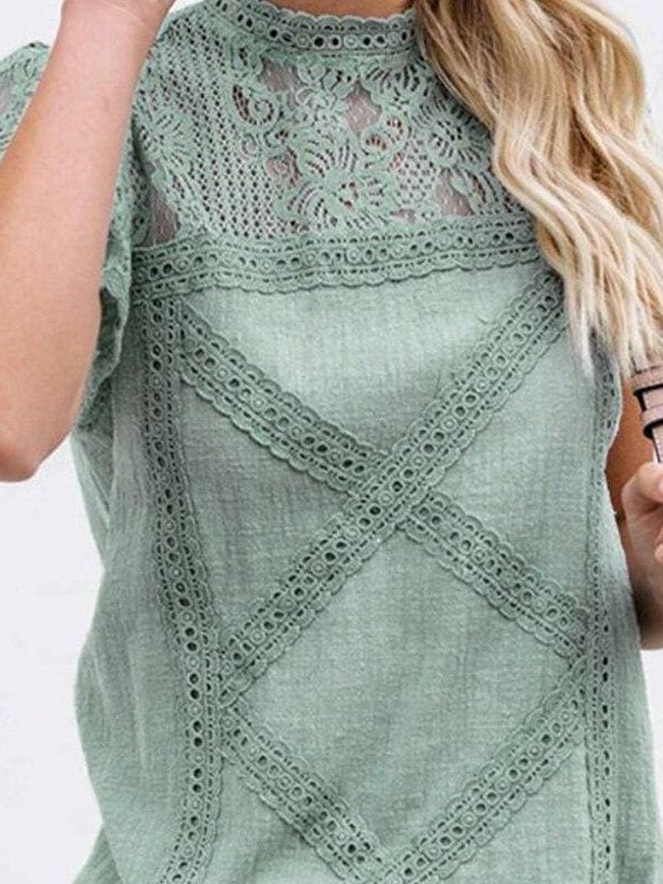 The Best HOT Women Lace Patchwork Office Top Shirt 2019 Fashion Ladies High Neck Casual Loose Summer T-Shirt Streetwear Online - Source Silk