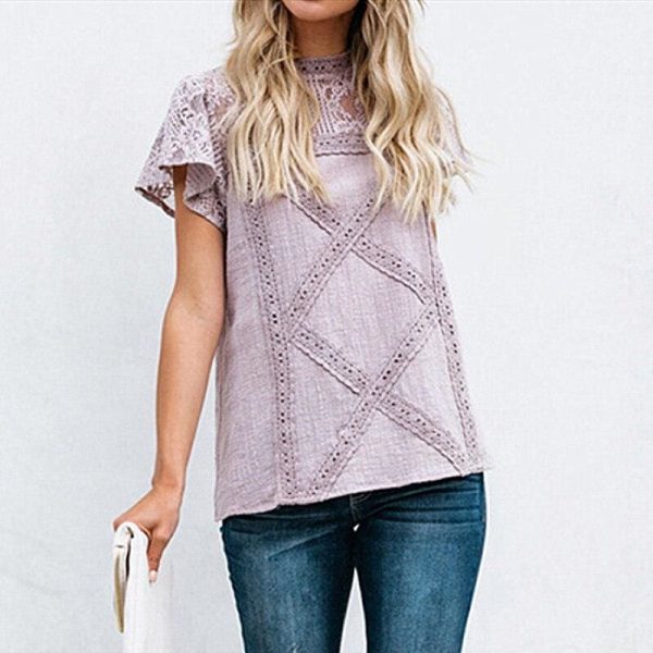 The Best HOT Women Lace Patchwork Office Top Shirt 2019 Fashion Ladies High Neck Casual Loose Summer T-Shirt Streetwear Online - Source Silk