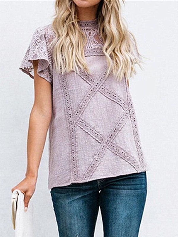 The Best HOT Women Lace Patchwork Office Top Shirt 2019 Fashion Ladies High Neck Casual Loose Summer T-Shirt Streetwear Online - Source Silk