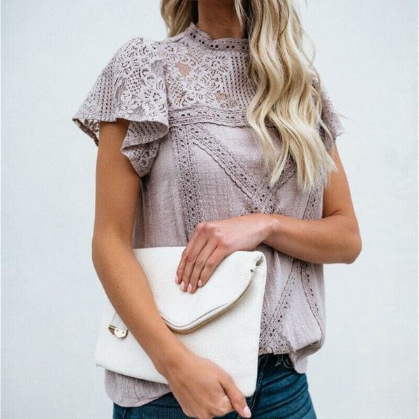 The Best HOT Women Lace Patchwork Office Top Shirt 2019 Fashion Ladies High Neck Casual Loose Summer T-Shirt Streetwear Online - Source Silk