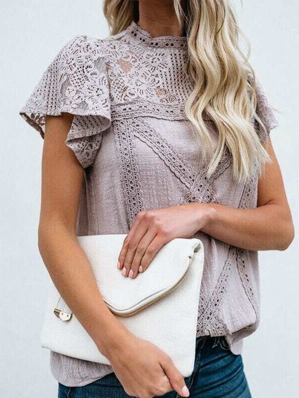 The Best HOT Women Lace Patchwork Office Top Shirt 2019 Fashion Ladies High Neck Casual Loose Summer T-Shirt Streetwear Online - Source Silk