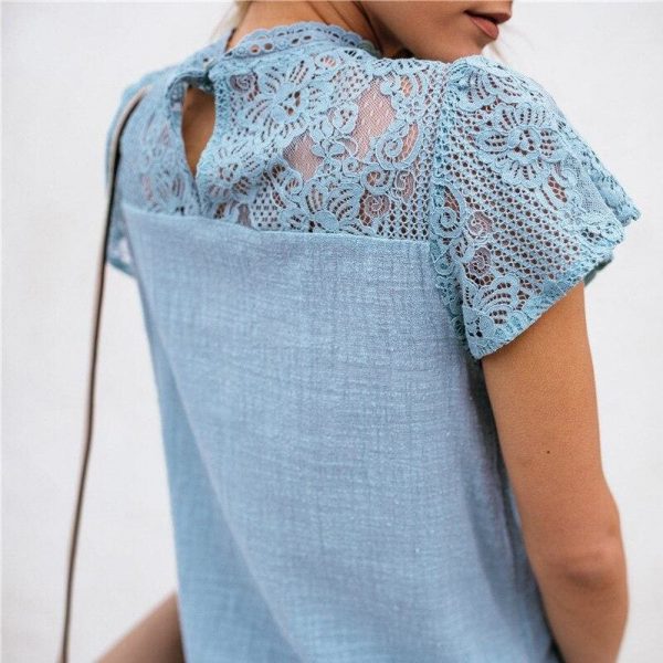 The Best HOT Women Lace Patchwork Office Top Shirt 2019 Fashion Ladies High Neck Casual Loose Summer T-Shirt Streetwear Online - Source Silk