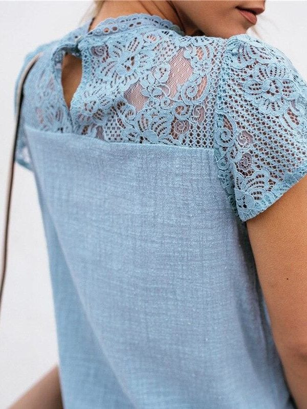 The Best HOT Women Lace Patchwork Office Top Shirt 2019 Fashion Ladies High Neck Casual Loose Summer T-Shirt Streetwear Online - Source Silk