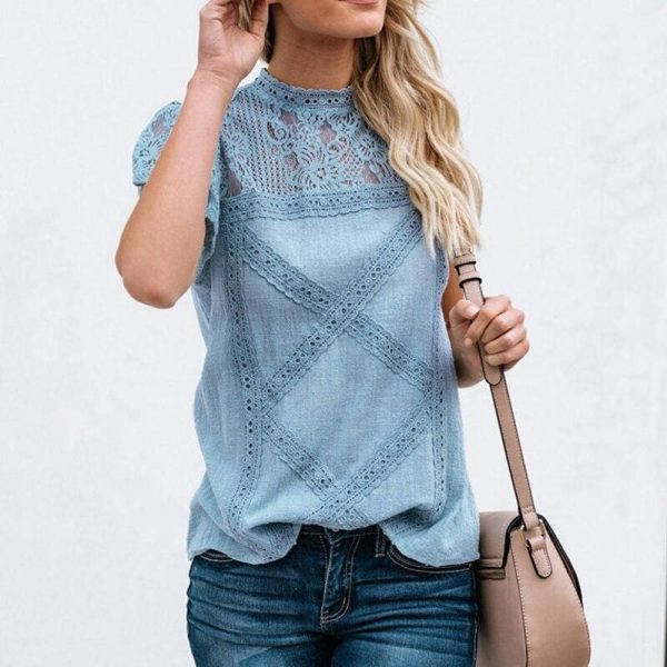 The Best HOT Women Lace Patchwork Office Top Shirt 2019 Fashion Ladies High Neck Casual Loose Summer T-Shirt Streetwear Online - Source Silk