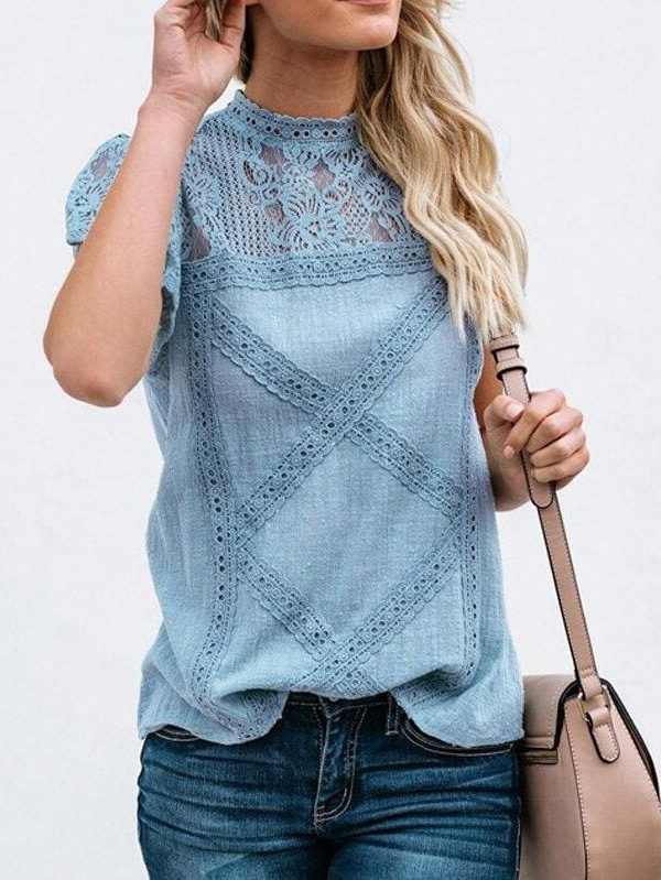 The Best HOT Women Lace Patchwork Office Top Shirt 2019 Fashion Ladies High Neck Casual Loose Summer T-Shirt Streetwear Online - Source Silk