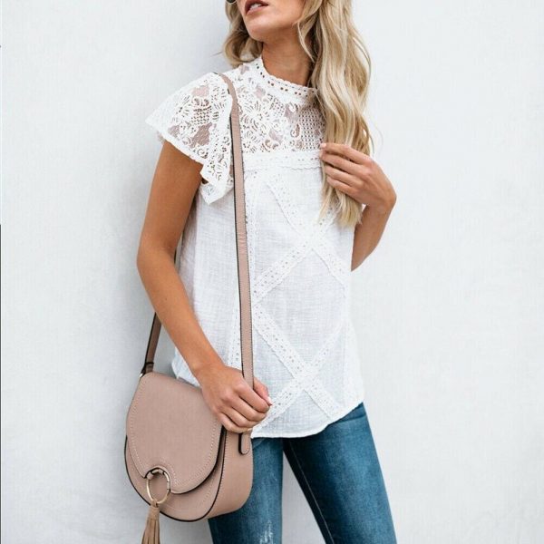 The Best HOT Women Lace Patchwork Office Top Shirt 2019 Fashion Ladies High Neck Casual Loose Summer T-Shirt Streetwear Online - Source Silk