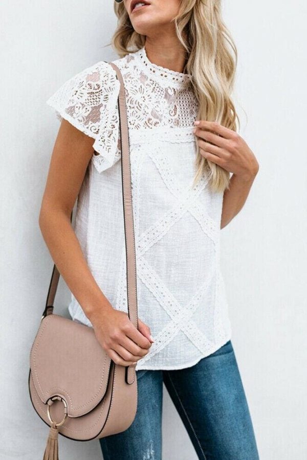 The Best HOT Women Lace Patchwork Office Top Shirt 2019 Fashion Ladies High Neck Casual Loose Summer T-Shirt Streetwear Online - Source Silk