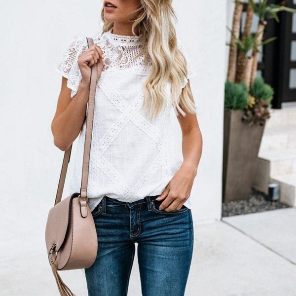 The Best HOT Women Lace Patchwork Office Top Shirt 2019 Fashion Ladies High Neck Casual Loose Summer T-Shirt Streetwear Online - Source Silk