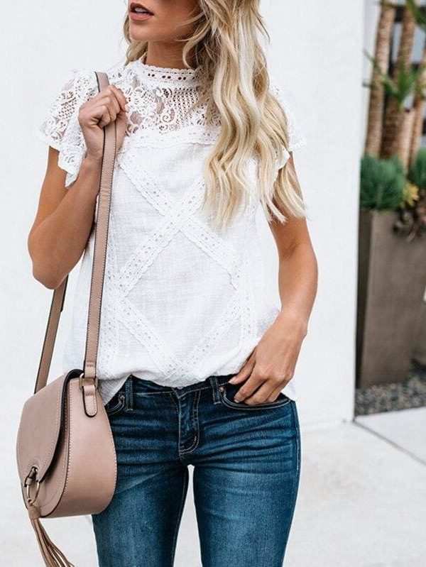 The Best HOT Women Lace Patchwork Office Top Shirt 2019 Fashion Ladies High Neck Casual Loose Summer T-Shirt Streetwear Online - Source Silk